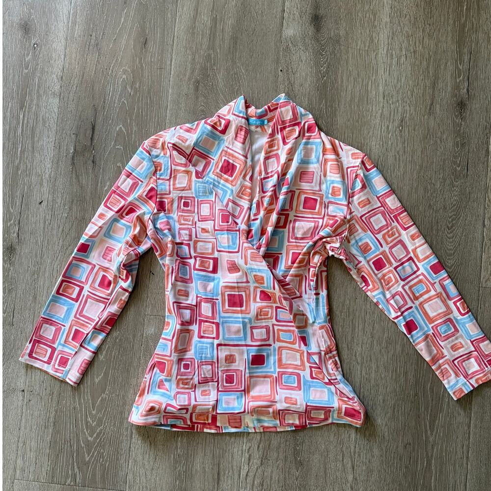 J McLaughlin Small Faux Wrap Blouse Mod Geometric Print Stretch Made in USA